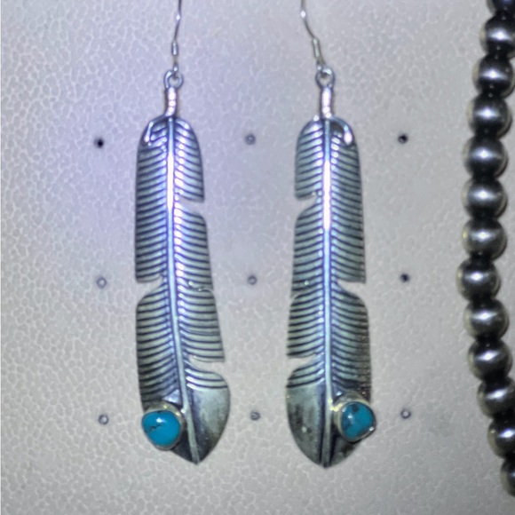 COPY - COPY - Southwestern Sterling turquoise, feather, dangle, earrings - Picture 2 of 9